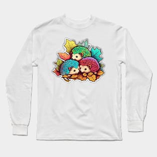 Three Rainbow Echidnas Playing in Leaves Long Sleeve T-Shirt